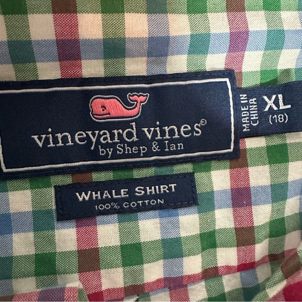 Boys Vineyard Vines Red Green Blue Plaid Whale Shirt XL